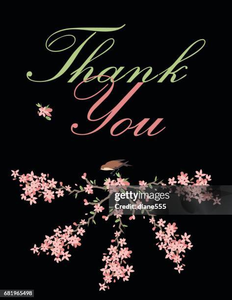 cherry blossoms and tiny birds thank you card - sparrow flying stock illustrations