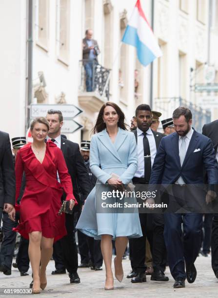 Catherine, Duchess of Cambridge with Princess Stephanie of Luxembourg and Prince Guillaume of Luxembourg as they take a short walk outside the City...