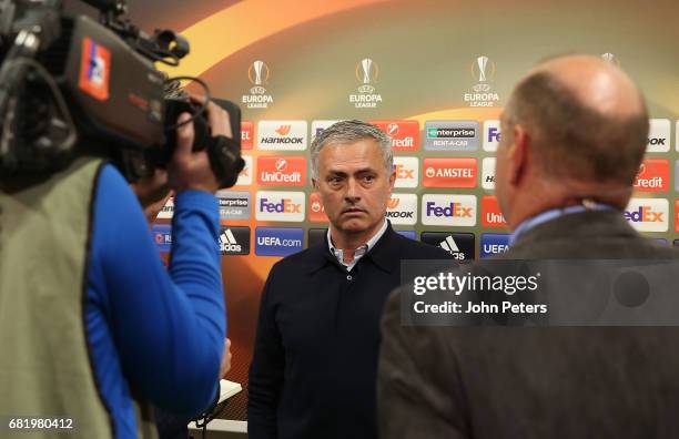 Manager Jose Mourinho of Manchester United is interviewed ahead of the UEFA Europa League, semi final second leg match, between Manchester United and...