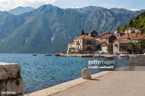 the quayside in perast - our lady of the rocks stock pictures, royalty-free photos & images