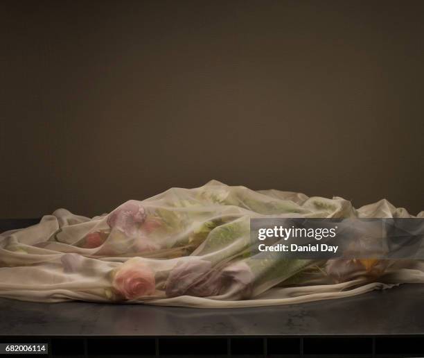 Bunch of flowers on a table with thin fabric over them