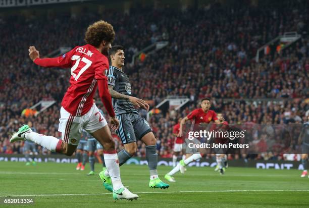 Marouane Fellaini of Manchester United scores their first goal during the UEFA Europa League, semi final second leg match, between Manchester United...