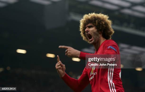 Marouane Fellaini of Manchester United celebrates scoring their first goal during the UEFA Europa League, semi final second leg match, between...