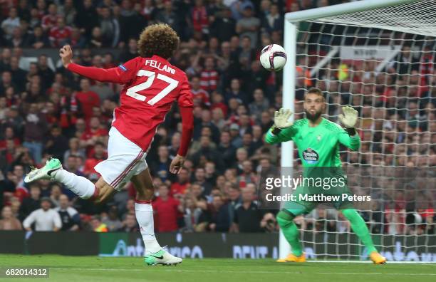 Marouane Fellaini of Manchester United scores their first goal during the UEFA Europa League, semi final second leg match, between Manchester United...