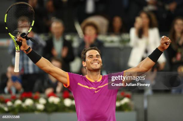 Rafael Nadal of Spain celebrates defeating Nick Kyrgios of Australia during day six of the Mutua Madrid Open tennis at La Caja Magica on May 11, 2017...