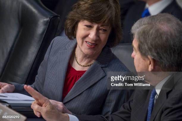 Sens. Susan Collins, R-Maine, and Roy Blunt, R-Mo., prepare for a Senate Intelligence Committee hearing in Hart Building titled "World Wide Threats"...