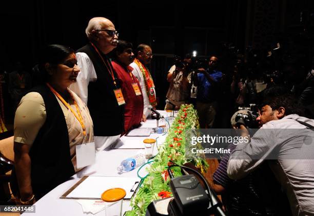 BJPs leaders Sushma Swaraj, L K Advani,Nitin Gadkari and Arun Jaitley at National Executive Meeting of BJP in Lucknow.