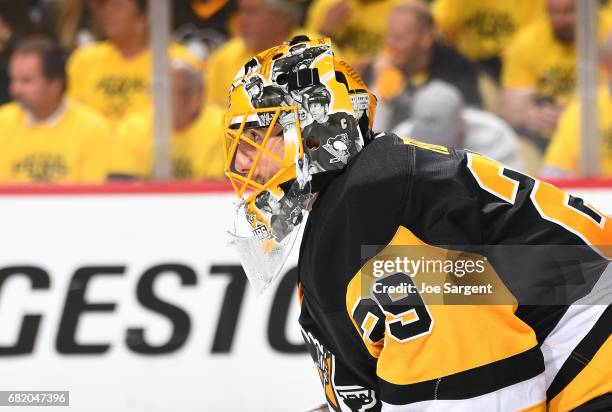 Marc-Andre Fleury of the Pittsburgh Penguins defends the net against the Washington Capitals in Game Six of the Eastern Conference Second Round...