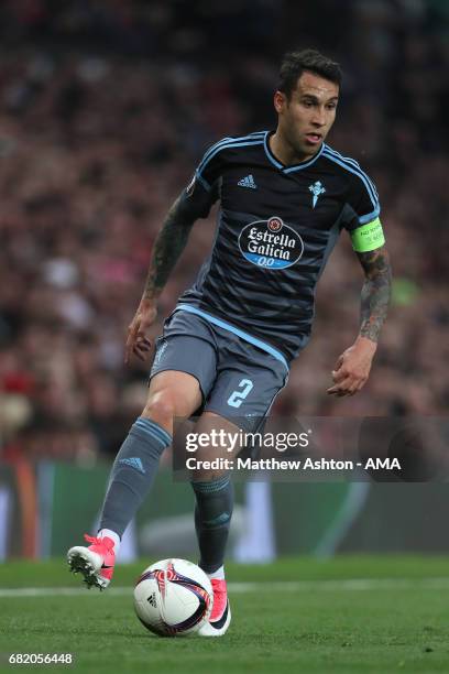 Hugo Mallo of Celta Vigo in action during the UEFA Europa League, semi final second leg match, between Manchester United and Celta Vigo at Old...