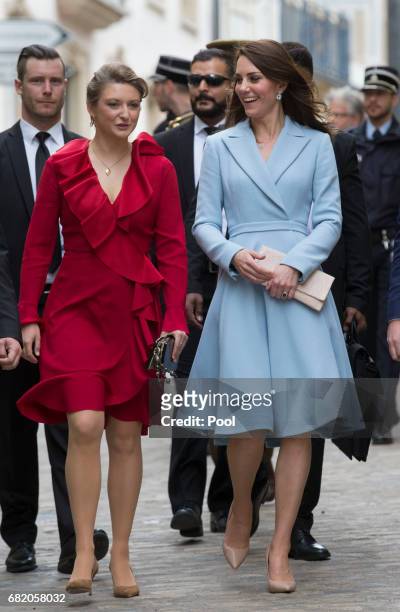 Catherine, Duchess of Cambridge with Princess Stephanie of Luxembourg as they take a short walk outside the City Museum to view the capital during a...