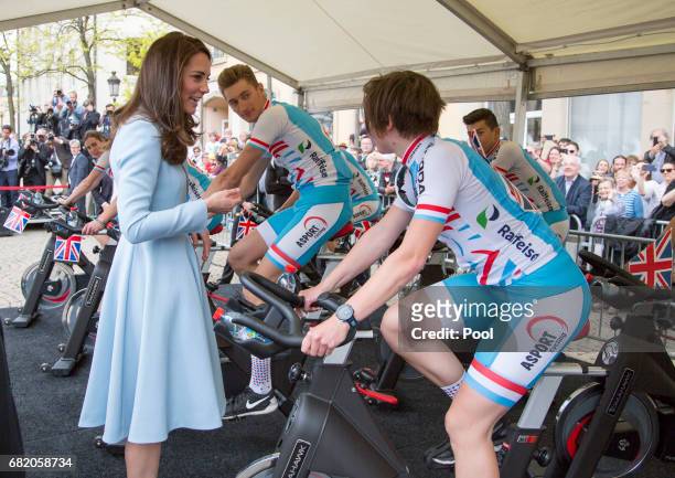 Catherine, Duchess of Cambridge meets cyclists at Place Clairefontaine during a one day visit to Luxembourg on May 11, 2017 in Luxembourg, Luxembourg.