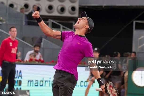 Borna Coric of Croatia against Andy Murray of United Kingdom during day six of the Mutua Madrid Open tennis at La Caja Magica on May 11, 2017 in...