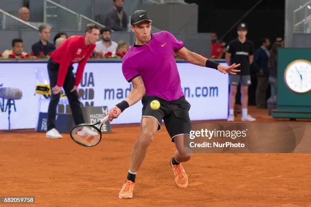 Borna Coric of Croatia against Andy Murray of United Kingdom during day six of the Mutua Madrid Open tennis at La Caja Magica on May 11, 2017 in...