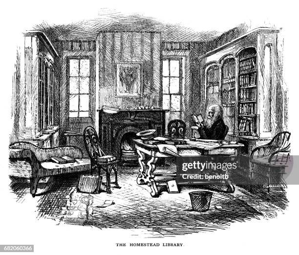 william cullen bryant reading in his library - old library interior stock illustrations
