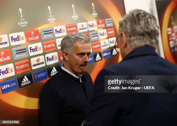 Manchester United manager Jose Mourinho is interviewed post match during the Uefa Europa League, semi final second leg match, between Manchester...