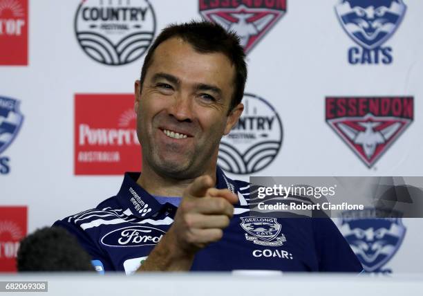 Geelong Senior Coach, Chris Scott speaks to the media during an AFL press conference at AFL House on May 12, 2017 in Melbourne, Australia.
