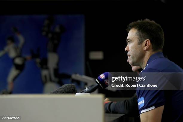 Geelong Senior Coach, Chris Scott speaks to the media during an AFL press conference at AFL House on May 12, 2017 in Melbourne, Australia.