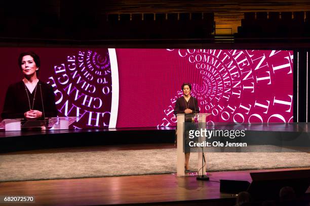 Crown Princess Mary of Denmark speaks on stage about sustainability in the fashion industry during Copenhagen Fashion Summit on May 11, 2017 in...