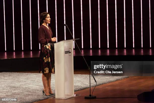 Crown Princess Mary of Denmark speaks on stage about sustainability in the fashion industry during Copenhagen Fashion Summit on May 11, 2017 in...