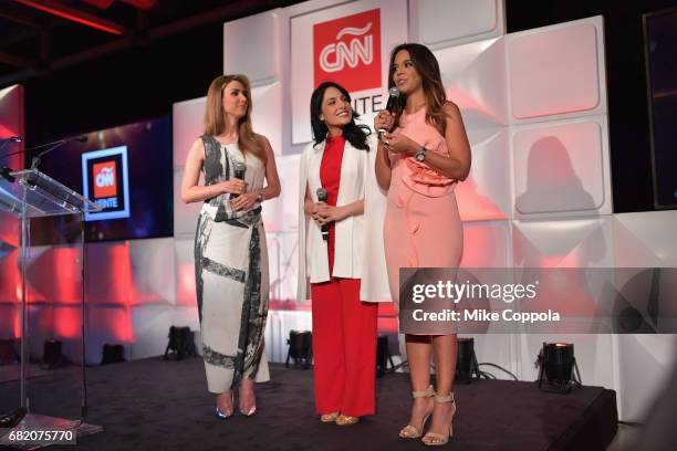 Anchors Elizabeth Perez, Alejandra Oraa, and Mariela Encarnacion speak onstage during the 2017 CNNE Upfront on May 11, 2017 in New York City....