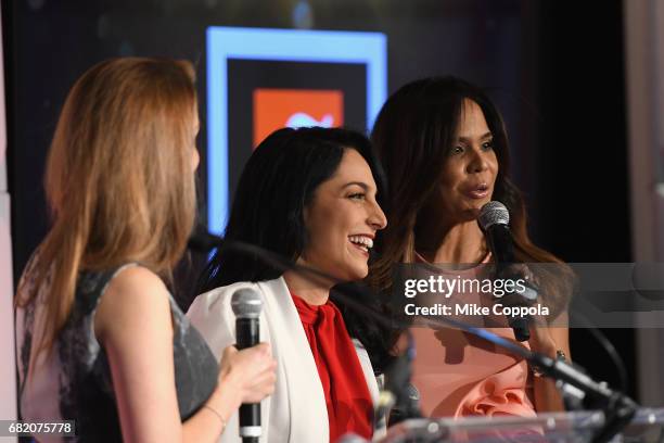 Anchors Elizabeth Perez, Alejandra Oraa, and Mariela Encarnacion speak onstage during the 2017 CNNE Upfront on May 11, 2017 in New York City....