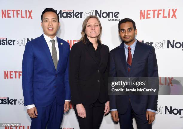 Alan Yang, co creator and executive producer, Cindy Holland, Vice President of original series for Netflix and Aziz Ansari attend the "Master Of...