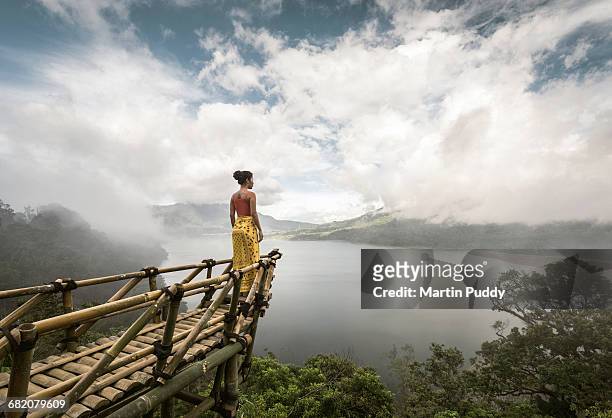 woman standing on bamboo viewing platform - asian woman dream stockfoto's en -beelden