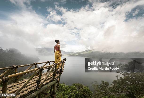 woman standing on bamboo viewing platform - dreamlike stock pictures, royalty-free photos & images