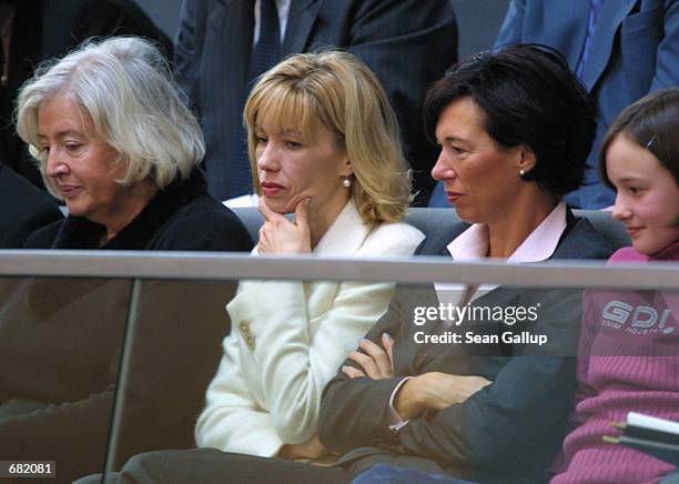 Doris Schroeder, wife of German Chancellor Gerhard Schroeder, follows a session of the Bundestag as members argue the deployment of German troops to...