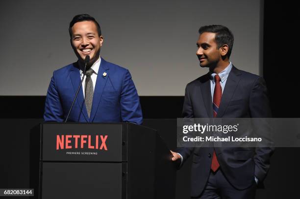 Co-creator & Executive Producer, Alan Yang and Co-creator, Executive Producer & Actor Aziz Ansari speak onstage during the Netflix Master Of None S2,...