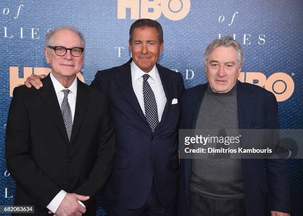 Director Barry Levinson, Richard Plepler and Robert De Niro attend the "The Wizard Of Lies" New York Premiere at The Museum of Modern Art on May 11,...