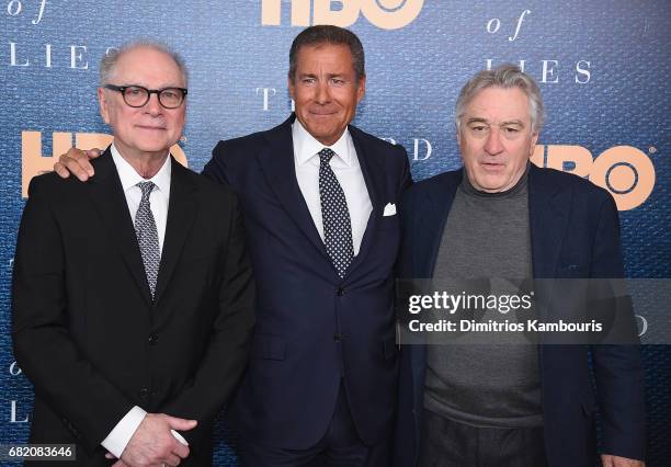 Director Barry Levinson, Richard Plepler and Robert De Niro attend the "The Wizard Of Lies" New York Premiere at The Museum of Modern Art on May 11,...