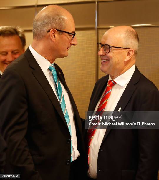 David Koch, Chairman of the Power and Tony Cochrane, Chairman of the Suns chat during the Port Adelaide Power and Gold Coast Suns joint Chairman and...