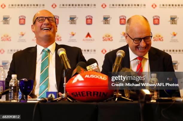 David Koch, Chairman of the Power and Tony Cochrane, Chairman of the Suns speak with media during the Port Adelaide Power and Gold Coast Suns joint...