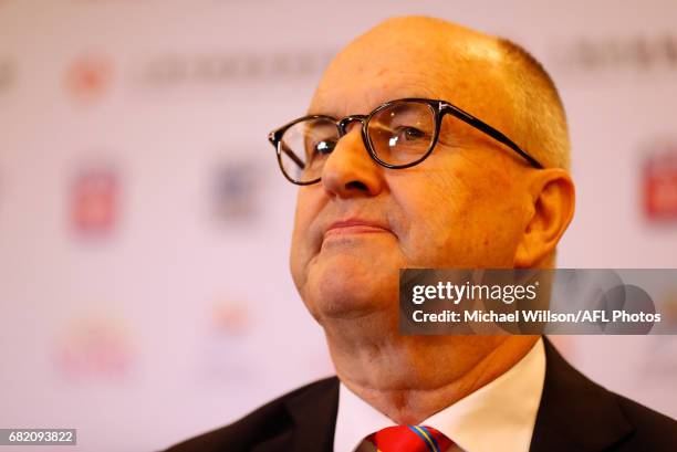 Tony Cochrane, Chairman of the Suns addresses the media during the Port Adelaide Power and Gold Coast Suns joint Chairman and CEO press conference at...