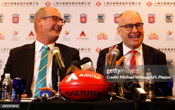 David Koch, Chairman of the Power and Tony Cochrane, Chairman of the Suns speak with media during the Port Adelaide Power and Gold Coast Suns joint...