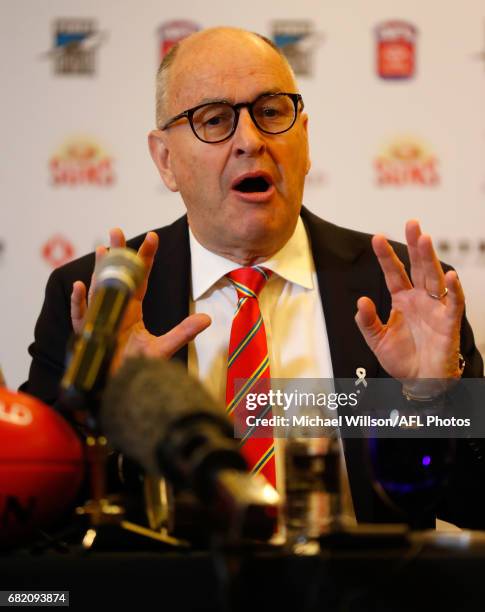 Tony Cochrane, Chairman of the Suns addresses the media during the Port Adelaide Power and Gold Coast Suns joint Chairman and CEO press conference at...