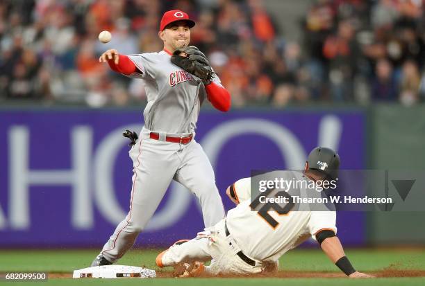 Jose Peraza of the Cincinnati Reds completes the double-play getting his throw off over the top of Joe Panik of the San Francisco Giants in the...