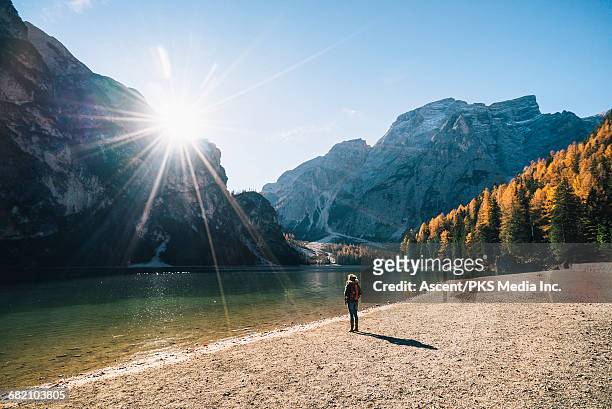 woman discovers lake in mountains, autumn - lakeshore 個照片及圖片檔