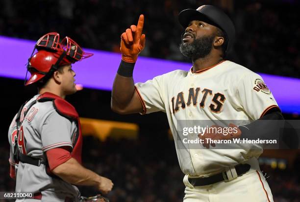 Denard Span of the San Francisco Giants celebrates after he hit a solo home run against the Cincinnati Reds in the bottom of the fifth inning at AT&T...