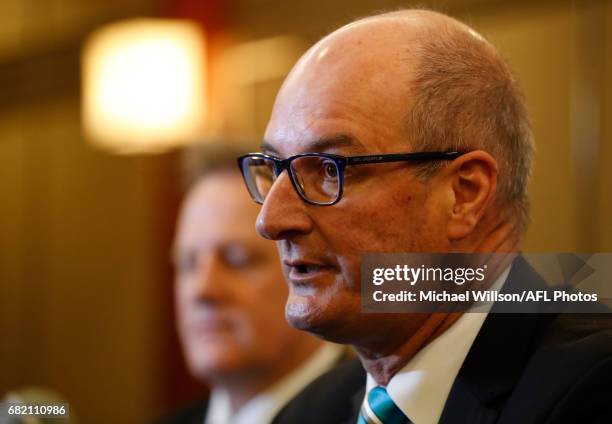 David Koch, Chairman of the Power addresses the media during the Port Adelaide Power and Gold Coast Suns joint Chairman and CEO press conference at...