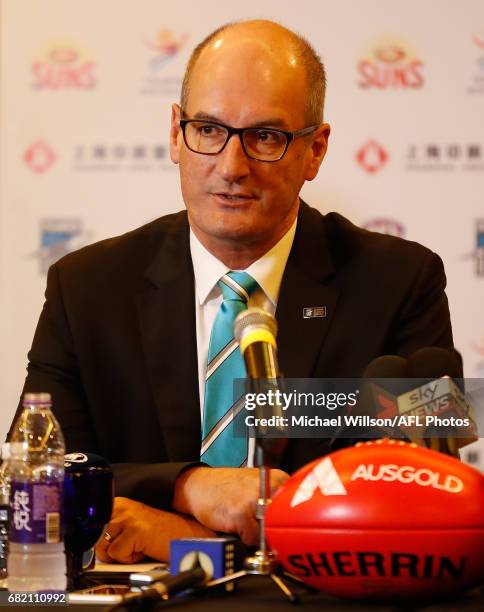 David Koch, Chairman of the Power addresses the media during the Port Adelaide Power and Gold Coast Suns joint Chairman and CEO press conference at...