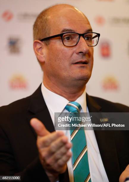 David Koch, Chairman of the Power addresses the media during the Port Adelaide Power and Gold Coast Suns joint Chairman and CEO press conference at...