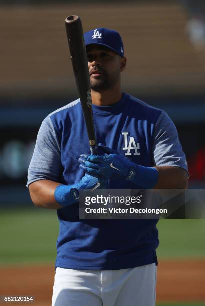 Franklin Gutierrez of the Los Angeles Dodgers looks on during practice prior to the MLB game against the Pittsburgh Pirates at Dodger Stadium on May...