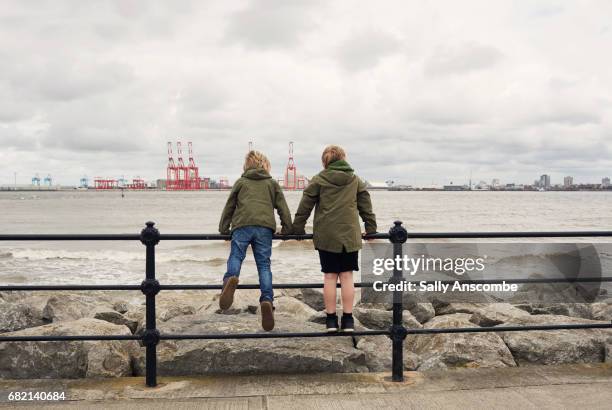 children looking at the view across the river mersey - river mersey stock pictures, royalty-free photos & images