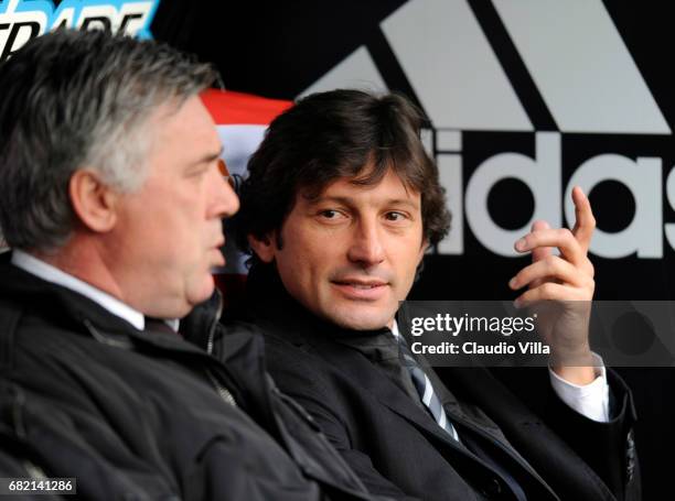 February 2009: Carlo Ancelotti and Leonardo of AC Milan chat during the "Serie A" 2008-2009 match, round 25th, between Milan and Cagliari, at the...