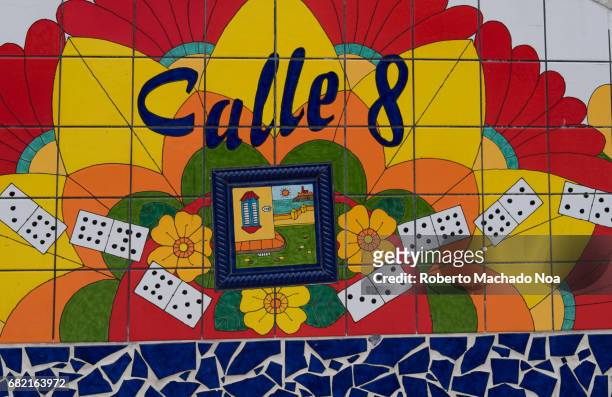 Symbols of the Cuban exiles and immigrants nostalgia in Little Havana. Tile work of art about the Cuban immigration, exile and settlement in 'Calle...