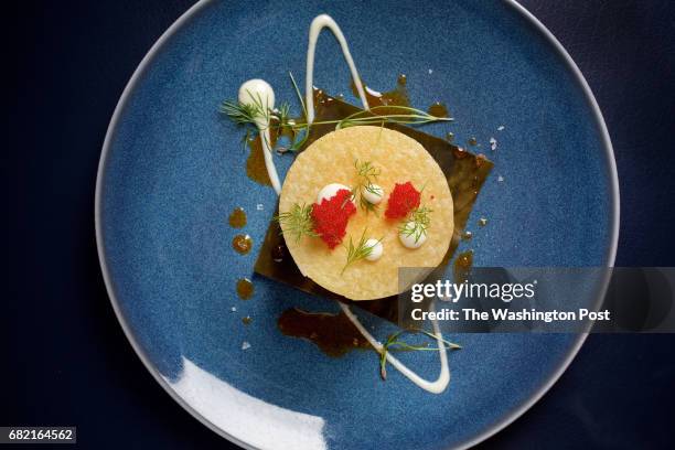 Grilled Fish Causa, Yukon Gold Potatoes, Peruvian Pepper, Aleppo Pepper Oil and Flying Fish Roe at Siren, a new seafood restaurant photographed in...