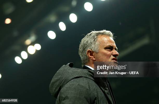 Jose Mourinho, Manager of Manchester United interacts with supporters following the Uefa Europa League, semi final second leg match, between...