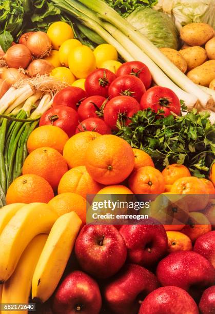 assortment of fruits and veggies shoot from above - emreogan stock pictures, royalty-free photos & images